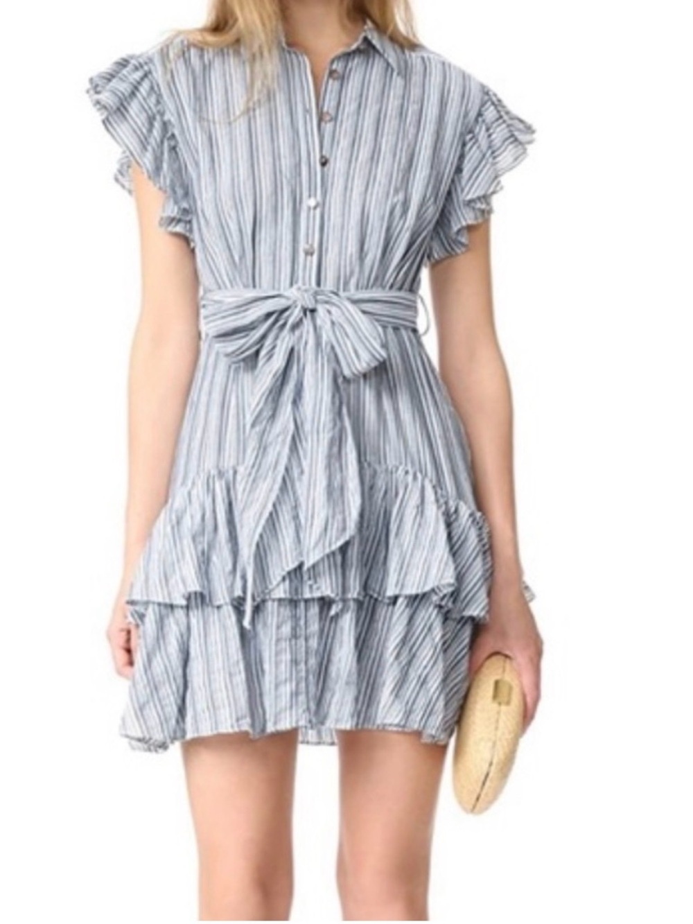 Rebecca Taylor Blue White Striped Ruffle Tie Waist Dress